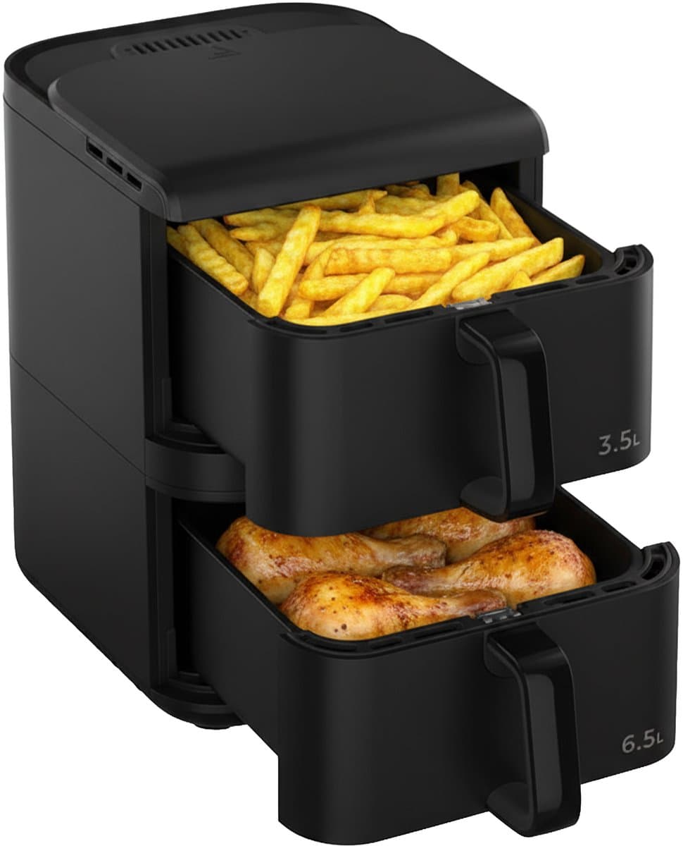 Heinner Dubbele Airfryer 10 L – Heteluchtfriteuse 2 Manden – 10 Programma’s – Smart & Dual Cooking – 2500 W – Digitale Bediening – Zwart — afbeelding 1