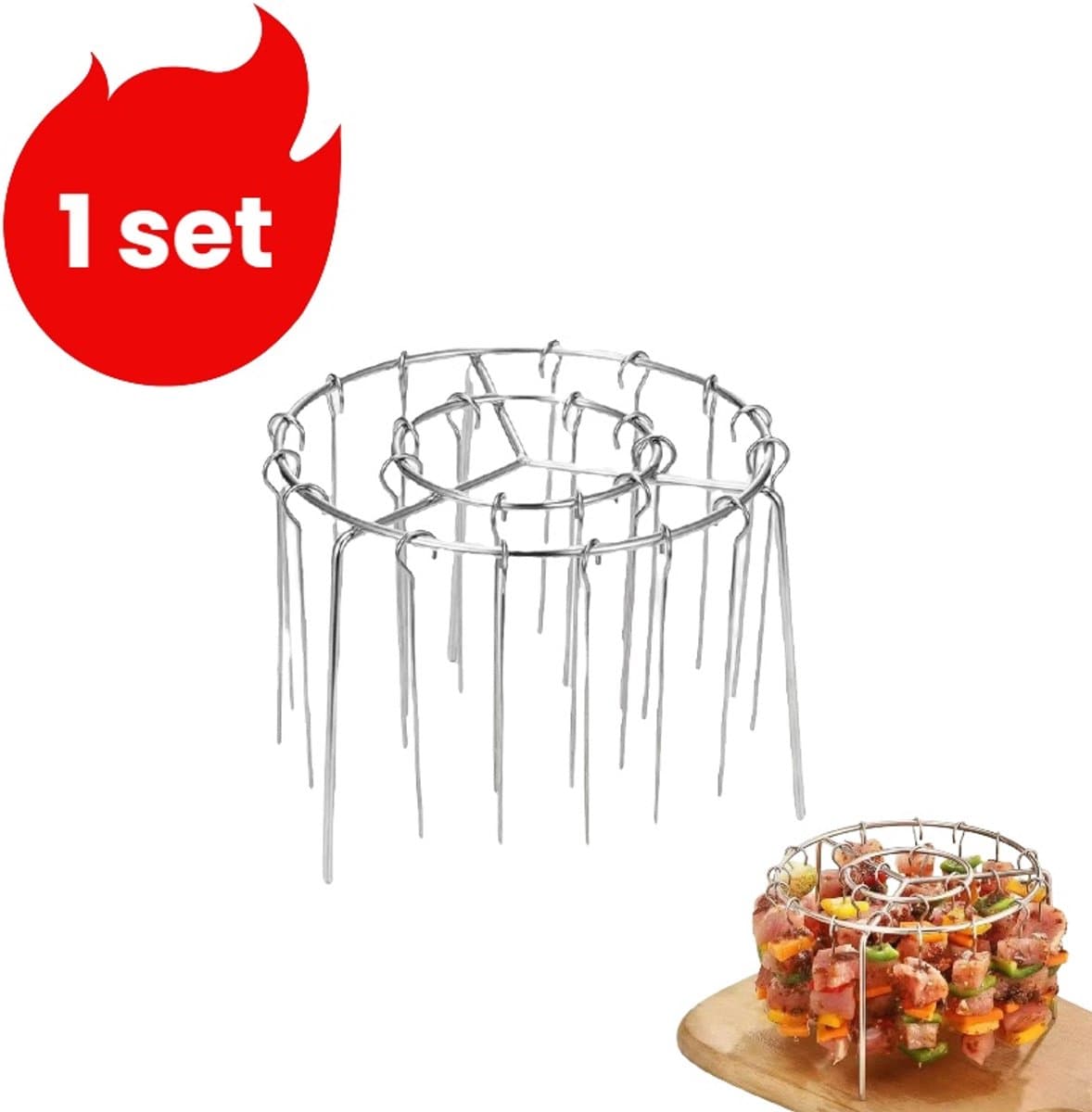 1 set - Airfryer-spiesenrek - Rond verticaal huishoudrek - Airfryer-specifiek - Rek * 1 - Spiesen * 24 - Zilver — afbeelding 1