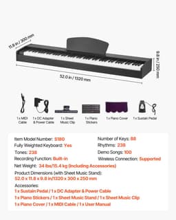 Digitale Piano - Elektrische Piano - Volledig Gewogen 88 Toetsen - Ingebouwde Luidsprekers - Sustainpedaal - Opnamefunctie - Draadloze Verbinding - Voor Beginners - Zwart — thumbnail 2