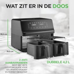 Dubbele Mand Airfryer - Heteluchtfriteuse Olievrij - Snelle Maaltijden Bereiden - Transparant Kookvenster - 88 Liter Capaciteit - Zwart — thumbnail 4