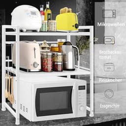 OUUTMEE Magnetronrek, 3-traps wit, in hoogte verstelbaar magnetronrek van koolstofstaal, opvouwbare keukentafelorganizer voor broodrooster, handdoekenrek — thumbnail 2
