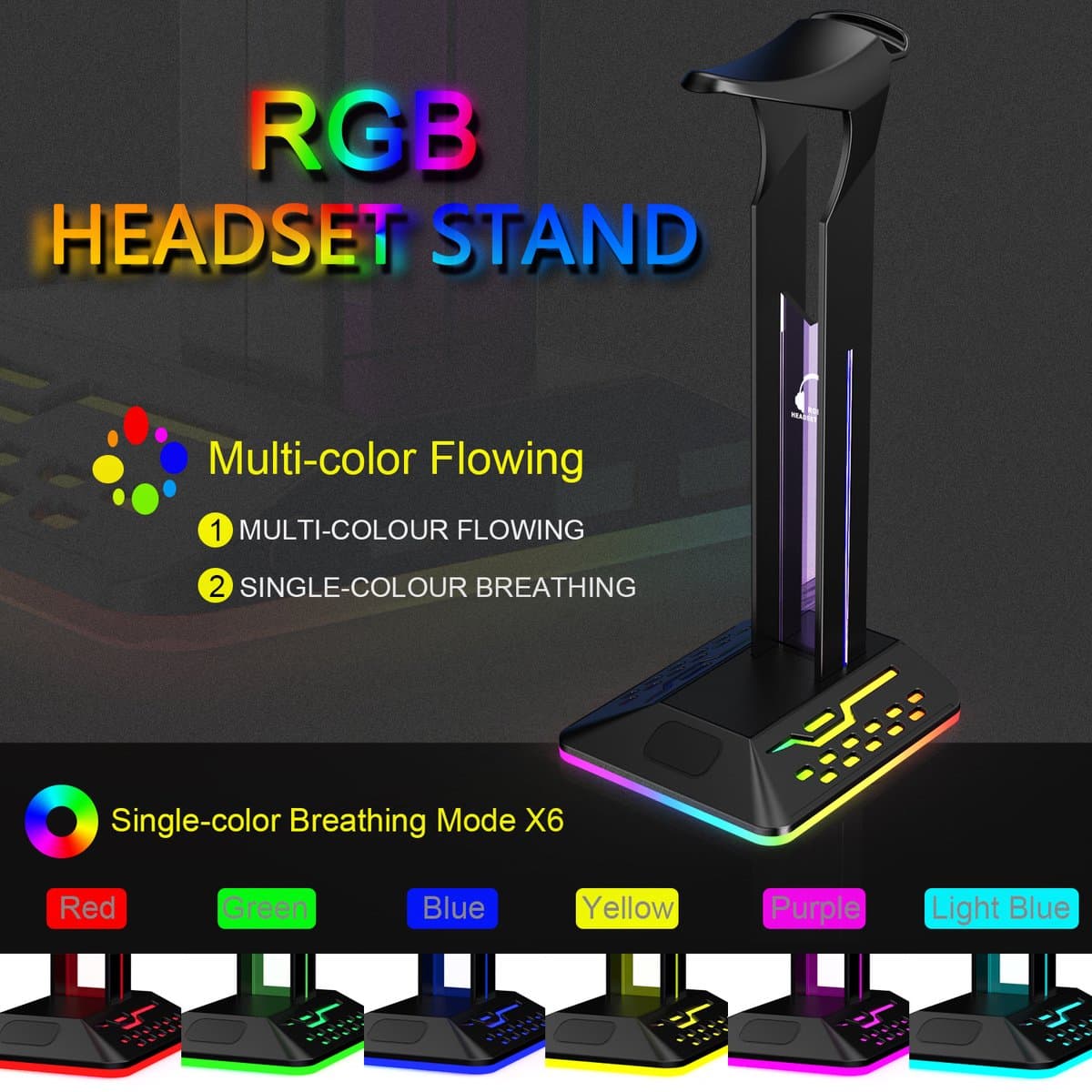 RGB Hoofdtelefoonstandaard - Headset Houder - Gaming Setup - 2 USB Poorten - 26.7x12.3x10.3cm - Zwart — afbeelding 1