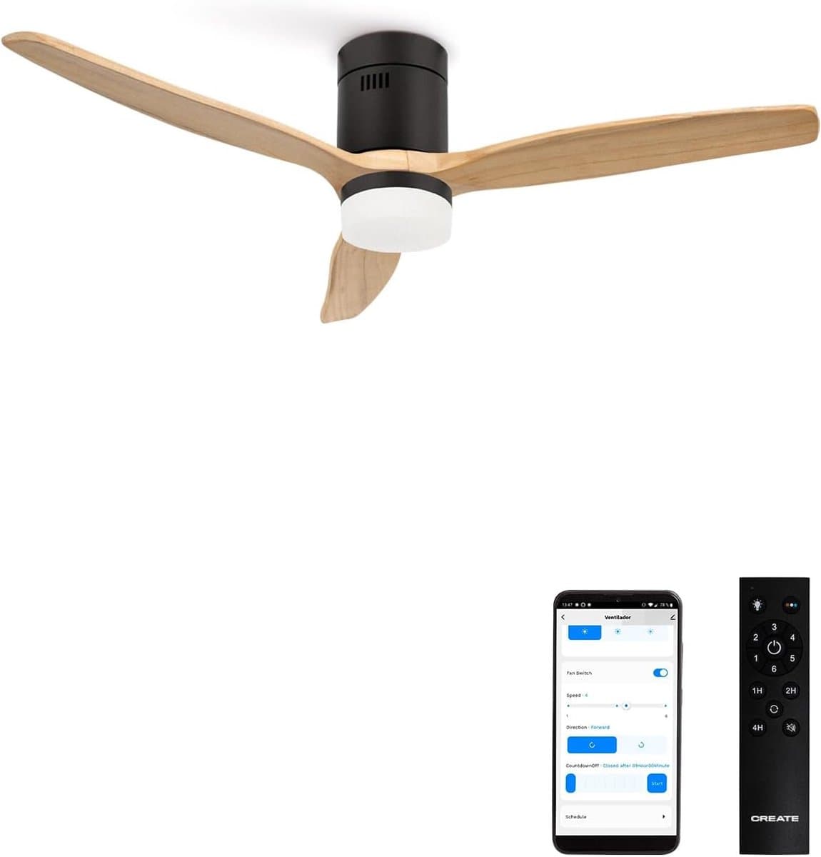 Plafondventilator met verlichting 132 cm, stille DC motor, 6 snelheden, timer en zomer-winterfunctie voor slaapkamer — afbeelding 1