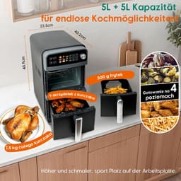 Heteluchtfriteuse Dubbel - XL Airfryer - Gelijkmatig Koken - Twee Kamers - 10 Liter - Donkergrijs — thumbnail 4