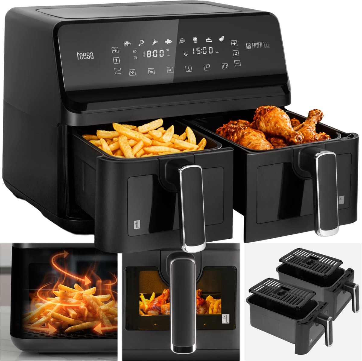 Teesa AIR FRYER DUAL POT XXL - Heteluchtfriteuse - 2700W - 8L - Twee Kommen — afbeelding 1