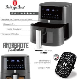 BerlingerHaus Airfryer XL Mat Antraciet - met Kijkvenster - 5 Liter - 1400W — thumbnail 2