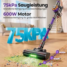 FOSMET Draadloze Hand & Steelstofzuiger - 75000Pa / 600W / 70 Min - Accustofzuiger Zonder Zak - Zelfstandig Staand - Flexibel Buiggewricht - 1,2L Reservoir - Anti-Tangle - Groene LED - Voor Harde Vloeren, Tapijt, Dierenharen & Auto — thumbnail 3