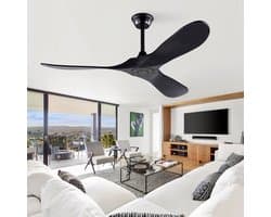 Re-purelife® Koel Zomer Collectie Plafondventilator 52 Inch Zwart - 3 Massief Houten Bladen - Zonder Verlichting - Met Afstandsbediening - 6 Snelheden en Omkeerbare Motor - 132×132×26,5 cm - winter- en zomerinstellingen