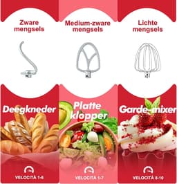 SnelShoppen - Keukenmachine 1300W met 10 Snelheden, 4.5L & 5L Mengkommen, Elektrische Stand Mixer met Klopper, Mixer en Deeghaak (Rood) — thumbnail 3