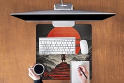 Muismat XXL 60x60 cm - Bureau onderlegger - Bureau mat Krijger - Rode trappen - Zon - Berg - Bureaumat - Gaming mousepad xl - Bureaulegger groot - Computer deskmat — thumbnail 3