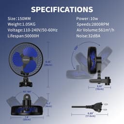 Klembare Groeiventilator met Handmatige Oscillatie en 10 Snelheden — thumbnail 2
