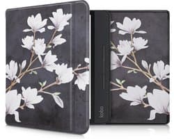 kwmobile e-reader hoesje geschikt voor Kobo Forma hoes - E reader flip case met magnetische sluiting - Ereader cover - Magnolia design in taupe / wit / donkergrijs