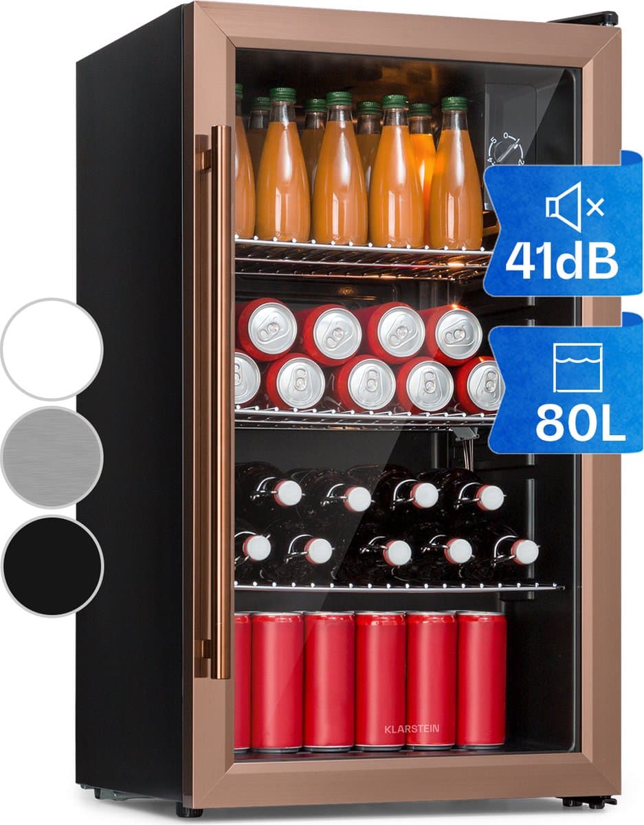 Klarstein Drankkoeler XXL minikoelkast met glazen deur en ledverlichting, minikoelkast voor op de kamer, kleine met 3 schappen, kleine koelkast van 80 liter, koelkast voor binnen en buiten, stil en weerbestendig, 3-10 °C - Drankkoelkast - Touch — afbeelding 1