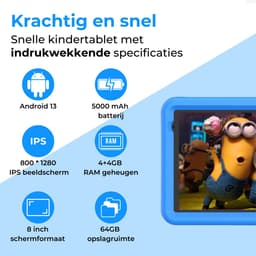 Naevy Kindertablet 8 inch - Vanaf 3 Jaar - 4+4GB RAM - 64GB geheugen - 5000mAh batterij - Ouderlijk Toezicht - Incl. Blauwe Beschermhoes — thumbnail 2
