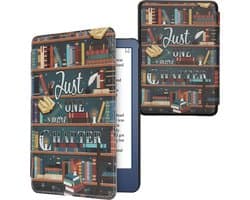 kwmobile e-reader hoesje geschikt voor Amazon Kindle (2022/2024) hoes - E reader flip case met magnetische sluiting - Ereader cover - bibliotheek design in meerkleurig