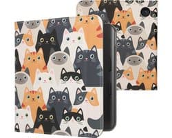 kwmobile e-reader hoesje geschikt voor Kobo Libra Colour hoes - E reader flip case met magneetsluiting - Ereader cover - Katten design in oranje / zwart / wit