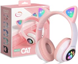 Casamix Kinder hoofdtelefoon - kattenoortjes roos- NL handleiding -cat headphones- Draadloze koptelefoon Bluetooth - Met Led Kat Oortjes | met verlichting poot- Kat oor Koptelefoon draadloze Bluetooth met flitslicht — thumbnail 1