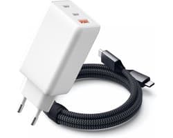 USB C Adapter 3 Poorten + USB C naar USB C Kabel - GaN 65W Snellader USB-C - 2 Meter Lang - USB C Stekker Lader Oplader