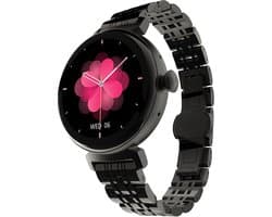 HiFuture Aura Smartwatch dames, 1,08 inch roestvrijstalen AMOLED-display, Stappenteller, Hartslagmeter, polshartslagmeter, echte Sp02-sensoren, IP68 waterdicht, activiteitenteller, magnetische lading compatibel met Android en iOS, kleur (Zwart)