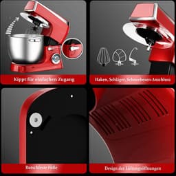 Royalty Line Keukenmachine - Keukenrobot - 2100W - Foodprocessor met 7 Snelheidsstanden + LED, incl. Garde / Kneedhaak / Mengarm en Blender, Met Spatscherm & RVS Mengkom Van 7.5 Liter - Rood — thumbnail 3