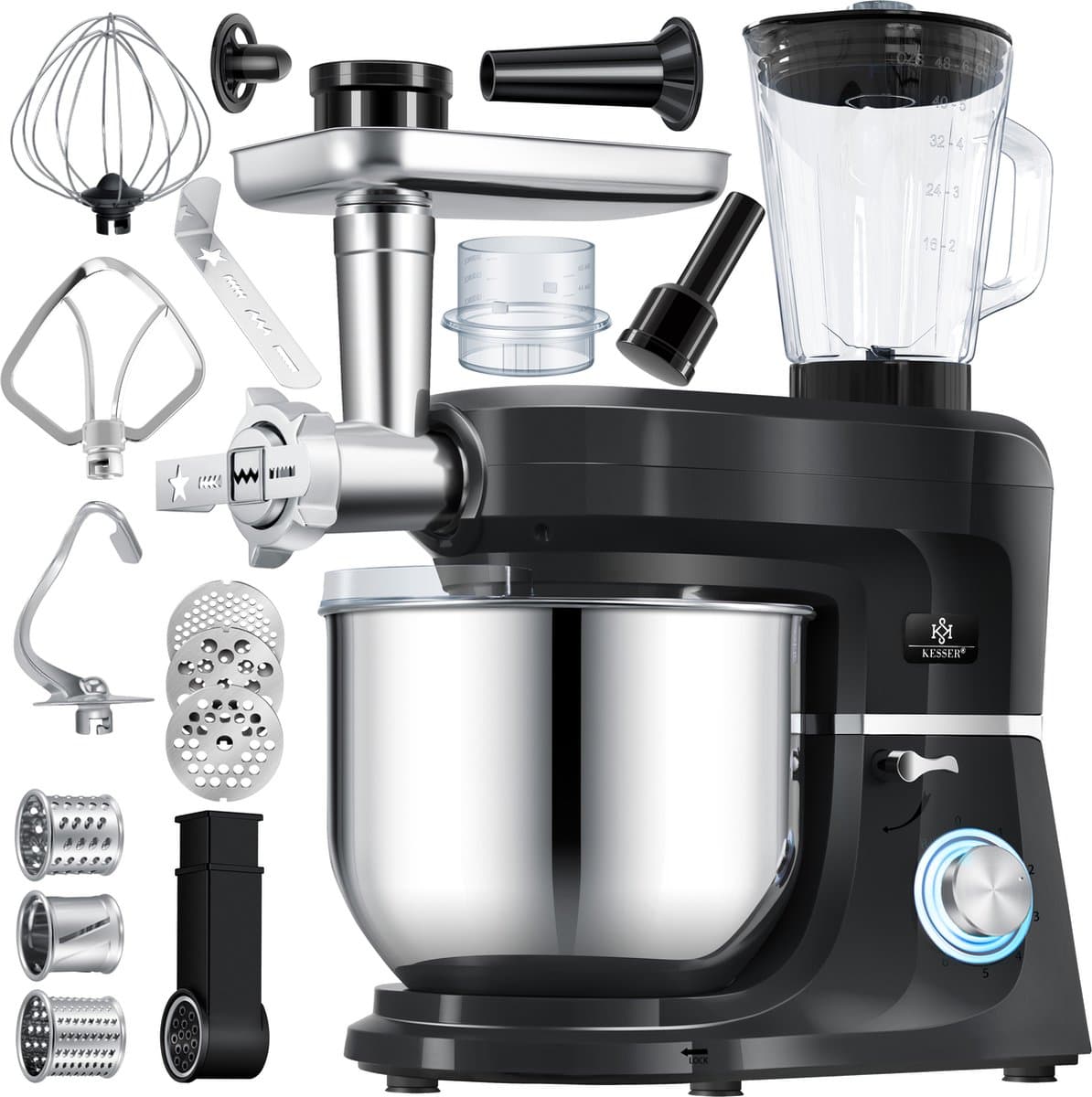 KESSER® 3 in 1 Keukenmachine Foodprocessor - Keukenmixer - Keukenrobotor K-KM 3000 met Kneder Multifunctionele Mixer 5,5 L Kom met 3 Menggereedschappen 1,5 L Sapcentrifuge Worstset Pasta & Koekjesvormen - Zwart — afbeelding 1