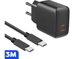 Snelle Dubbele USB-C Oplader + 3 Meter Gevlochten Kabel - Snellader - 35W GaN Technologie - Geschikt voor A54, S23,S22,S21,S24, A9,A8,A7 2022 en meer - Zwart