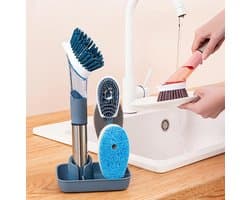 Multifunctionele vaatwasser Borstel Set, vaatwasser Borstel Set Met Houder voor de keuken, Vervangende Opzetborstels, Zeep controle, vaatwasser bar, Herbruikbare vaatwasser borstel, Scrubber, blauw