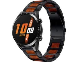 Strap-it Smartwatch bandje 22mm - Luxe houten / stalen horlogeband geschikt voor Huawei Watch GT 2 / 3 (Pro) / 4 - 46mm / GT 5 (Pro) - 46mm / Watch 3 (Pro) / GT 2 Pro - Polar Vantage M / M2 / Grit X - Xiaomi Mi Watch / Watch S1 / 2 Pro - zwart