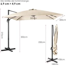 Ampelschirm 300x300 cm quadratisch, 360° drehbar, neigbar, Gartenschirm mit Kurbel, großer Sonnenschirm für Terrasse & Garten – Beige | Urbanhome — thumbnail 4