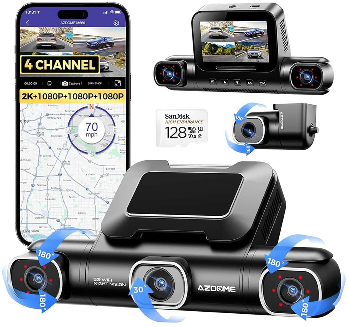 AZDOME M660 2K 4CH 360° Dash Cam - 4 Camera's (voor + achter + links + rechts), Geheugenkaart 128GB + 64GB, GPS, 5G WiFi, 3" Touchscreen, G-Sensor & IR Nachtzicht - Professionele Auto Beveiliging - Haarscherpe Nachtzicht - Dashcam Auto 2026 Model — afbeelding 1