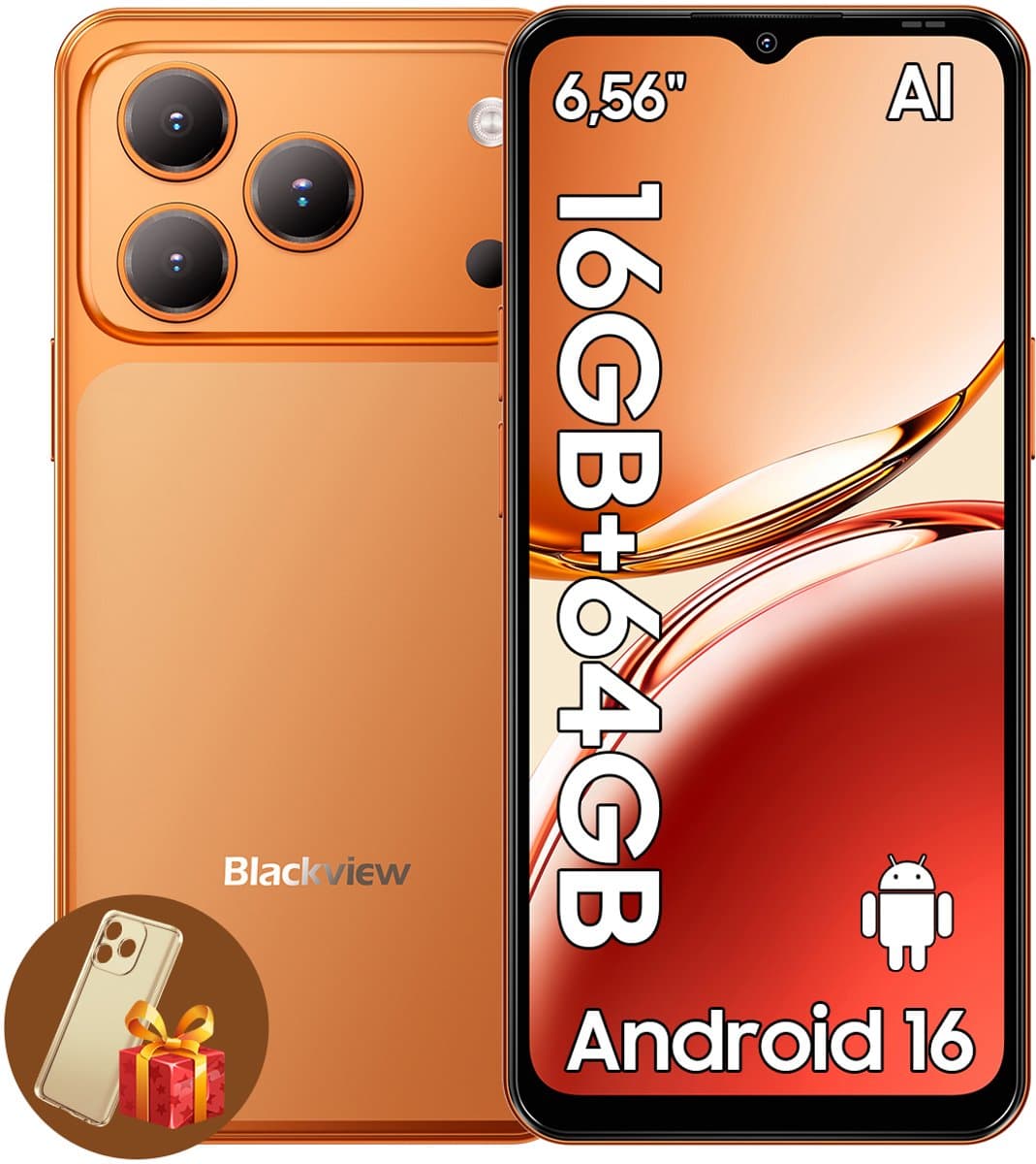 Blackview WAVE 7C Smartphone - 4G AI - DUAL SIM - 16GB RAM - 64GB ROM - Android 16 Telefoon - 6,56 inch - 5000mAh - GPS - Oranje — afbeelding 1