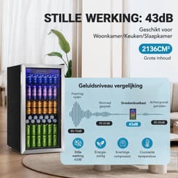 Velmio Koelkast - Koelkasten - Dranken Koelkast - Met Glazen Deur - Voor 126 Blikjes - Mini Bar - Verstelbare Planken - RVS - Zwart/zilver — thumbnail 4