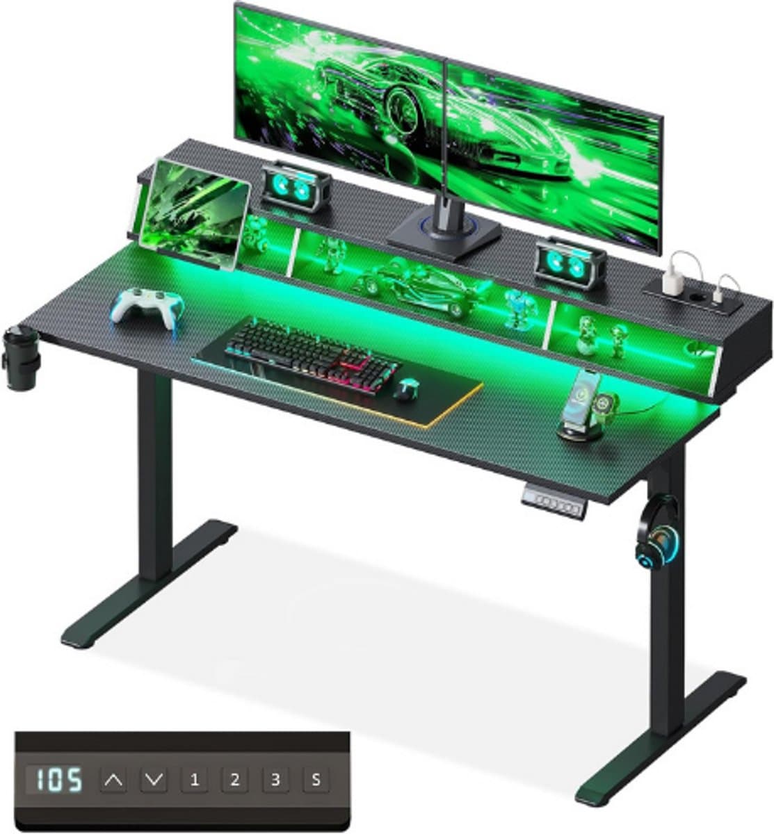 Elektrisch Gaming Bureau 140 Cm - In Hoogte Verstelbaar - RGB LED Verlichting En Stopcontacten - Met Opbergruimtes - Bekerhouder En Headset Haak - Carbon Look Werkblad - Zwart — afbeelding 1