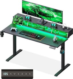 Elektrisch Gaming Bureau 140 Cm - In Hoogte Verstelbaar - RGB LED Verlichting En Stopcontacten - Met Opbergruimtes - Bekerhouder En Headset Haak - Carbon Look Werkblad - Zwart — thumbnail 1