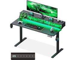 Elektrisch Gaming Bureau 140 Cm - In Hoogte Verstelbaar - RGB LED Verlichting En Stopcontacten - Met Opbergruimtes - Bekerhouder En Headset Haak - Carbon Look Werkblad - Zwart