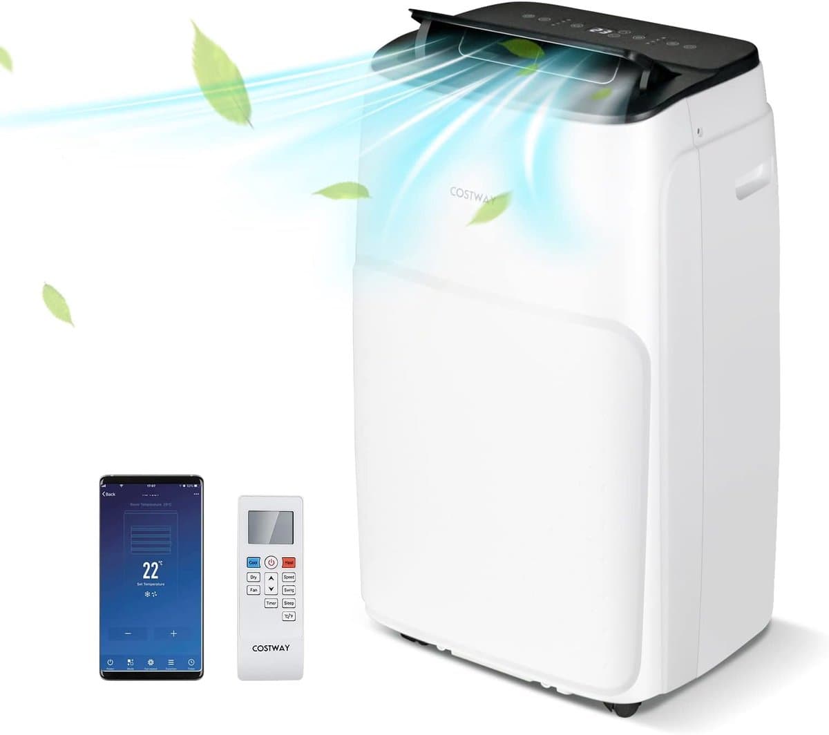COSTWAY Mobiele airconditioning met afvoerslang, 12000 BTU, voor ruimtes tot 120 m³, 5-in-1 airconditioner voor koelen, verwarmen, ontvochtigen, ventileren en slaapmodus, app/afstandsbediening, [Energieklasse A] — afbeelding 1