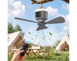 MUPOO Draagbare Camping Plafondventilator met LED Verlichting -Ø 45cm- 12000mAh - Afstandsbediening- 4 Windsnelheden & Timer - Stille DC Motor - Afneembare Bladen - lamp ventilator plafond Voor Tent, Caravan, Overkapping & Buiten — afbeelding 1