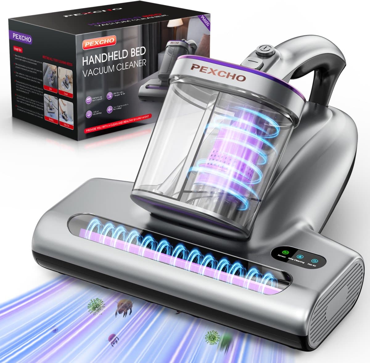 Matrasreiniger - Huisstofmijt Stofzuiger -met UV-C & 65°C Hete UV-C Licht - HEPA Filter - 15 kPa Zuigkracht - Voor Matras Bank Tapijt Meubels - Violetgrijs — afbeelding 1
