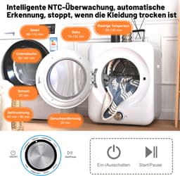 Re-purelife® mini wasdroger 3 kg met 8 programma's - compacte luchtafvoerdroger van staal en ABS - wandmontage mogelijk met dubbel filter en NTC-sensor - modern design - wit - 53,5 × 42 × 65 cm — thumbnail 3