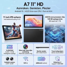 kotsren 11 Inch Tablet - Android 15 Tablets - 16GB RAM+128GB ROM - 6800mAh - 5G WIFI - Kindertablet Met Tablet Hoes Sleeve - Zwart — thumbnail 3