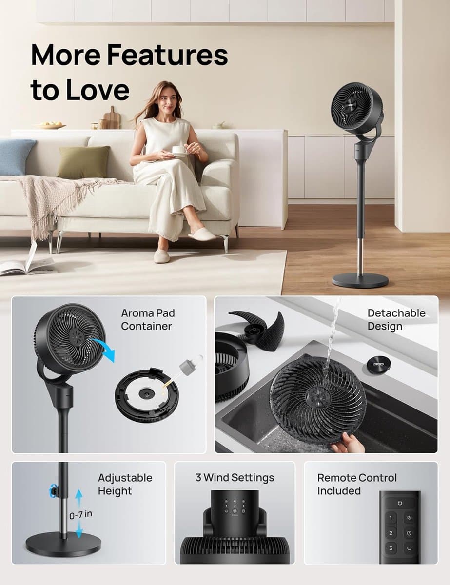 Elektrische Vloer Ventilator - Stille Ventilator - Kamers Koelen - 80ft Luchtcirculatie - 34-41 Inch - Zwart — afbeelding 1