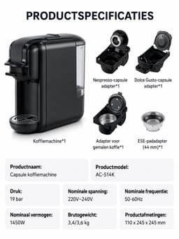 Jensaro 4-in-1 Koffiezetapparaat - Geschikt Voor Nespresso Dolce Gusto ESE Pads Gemalen Koffie - Voor Heet/Koud - 19 Bar - Zwart — thumbnail 2