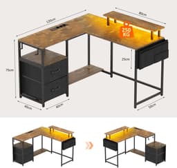 Gaming Bureau met LED Verlichting - 120x120x75cm - L-Vormig Game Bureau met Stopcontact - 2 Non Woven Lade - Gaming Desk - Computer Tafel - Gaming Tafel - Bureau voor Gamen, Studeren en Werken - Vintage Bruin — thumbnail 2