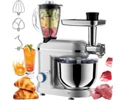 Keukenmachine - Mixer Robot - Thuis Bakken - Inclusief Vleesmolen - 5.5 Liter - Zilver