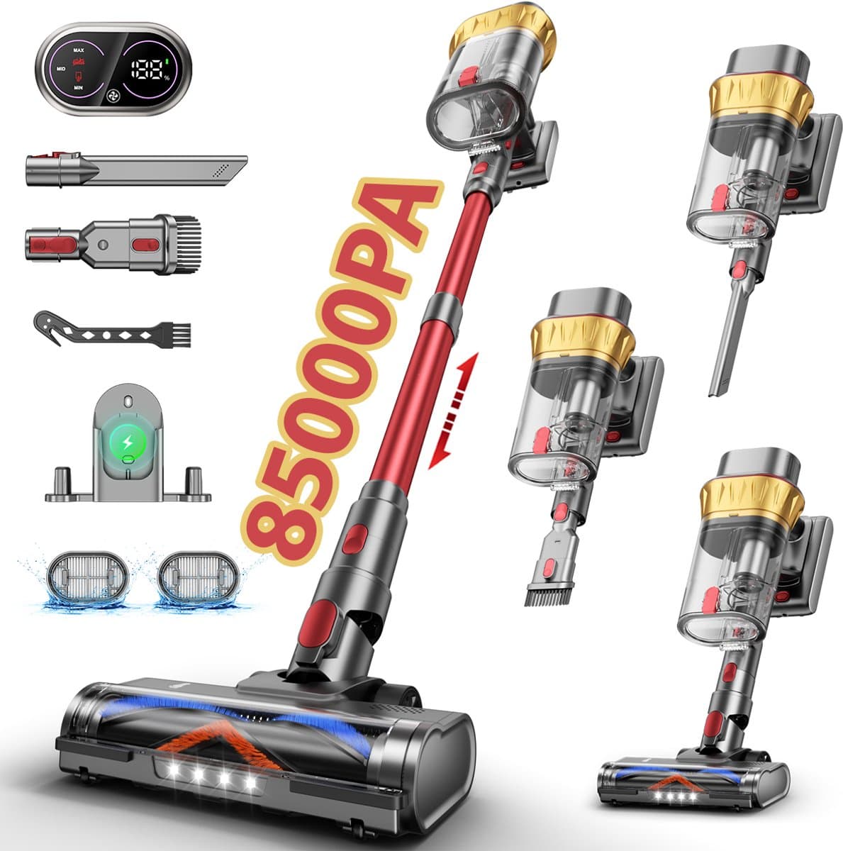 Tdyon Steelstofzuiger -85000 Pa Zuigkracht/680W/80 Min/2,8 l, Wassertank-Akku-Stielstaubsauger -Grote stofbeker-LED, Anti-Tangle-HEPA-filtratie — afbeelding 1