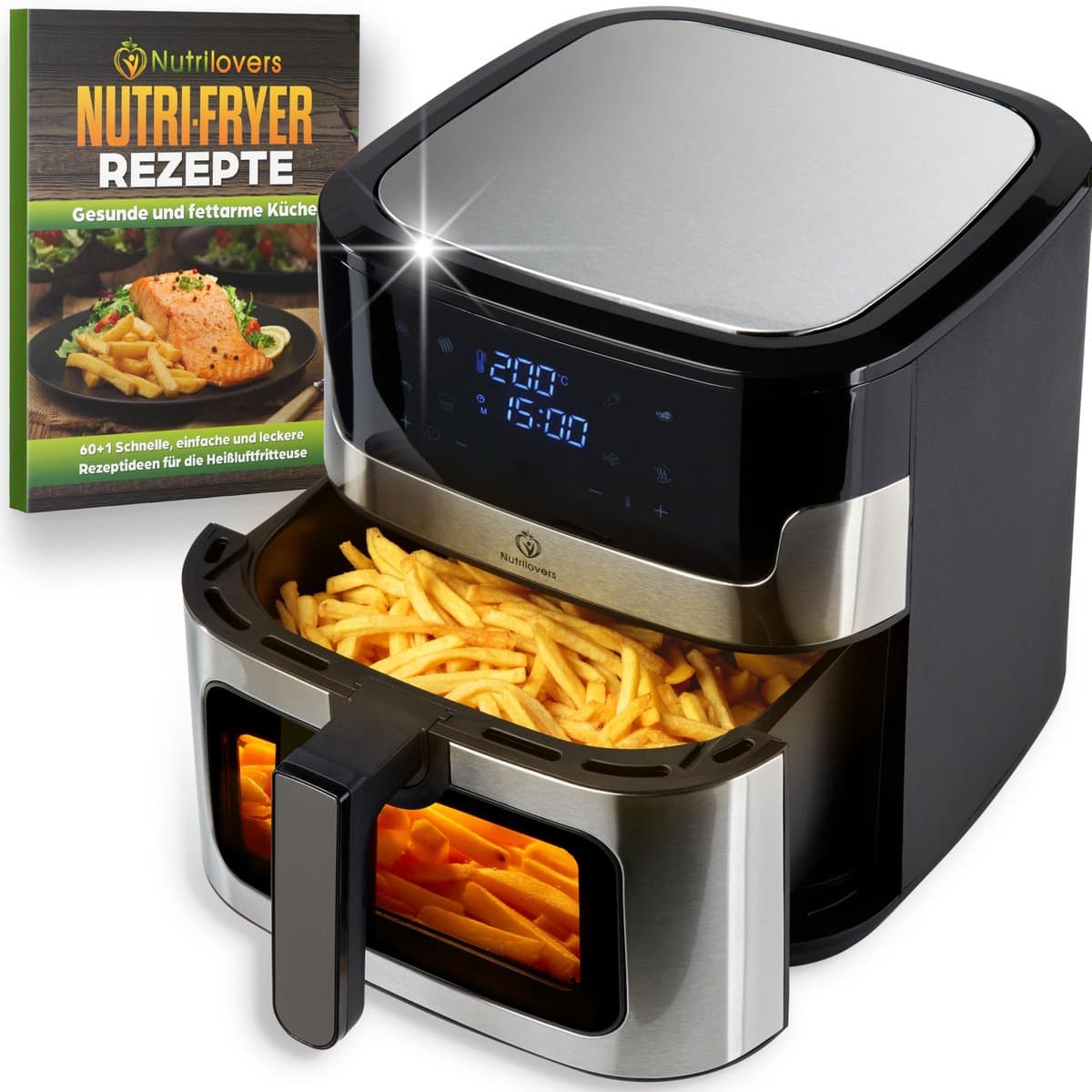 Nutrilovers NUTRI-FRYER Heteluchtfriteuse, roestvrij staal, XXL, 8 liter, 2000 W, roestvrij staal met led-touch-display, Double Heating technologie, kijkvenster, vetarme friet, friteuse zonder olie [Energieklasse A+++] — afbeelding 1