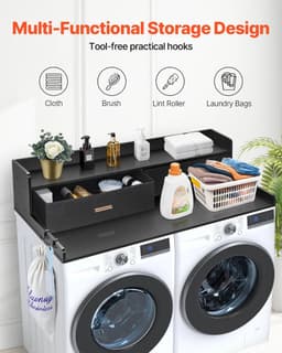 Wasmachine Ombouw met Lade & Opbergrek – Wasdroger Aanrecht – Wasmachine Verhoger met Werkblad en Haken – Wasruimte Organizer – 134x70 cm – Zwart — thumbnail 3