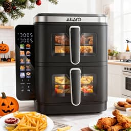 Airfryer – Heteluchtfriteuse – Dubbele Mand – Dubbele Lade – XXL Heteluchtoven – 11L Capaciteit – Verticaal Stapelbaar – PFAS-vrij – 2800W – 10 Kookprogramma’s – Sync & Match Functie — thumbnail 6