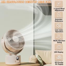 USB Ventilator - 3600mAh Batterij - 3 Snelheden - Stille Werking - 140° Kantelbaar - Automatisch Draaibaar - LED Display - Geschikt voor Thuis en Kantoor - Oplaadbaar - Gebroken Wit — thumbnail 5