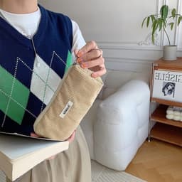 Ribbelstof Pennenzak voor Meisjes en Tieners, Praktische Rits, Pennenhouder, Ideaal voor School, Kantoor en Reizen, Roze (Beige) — thumbnail 3